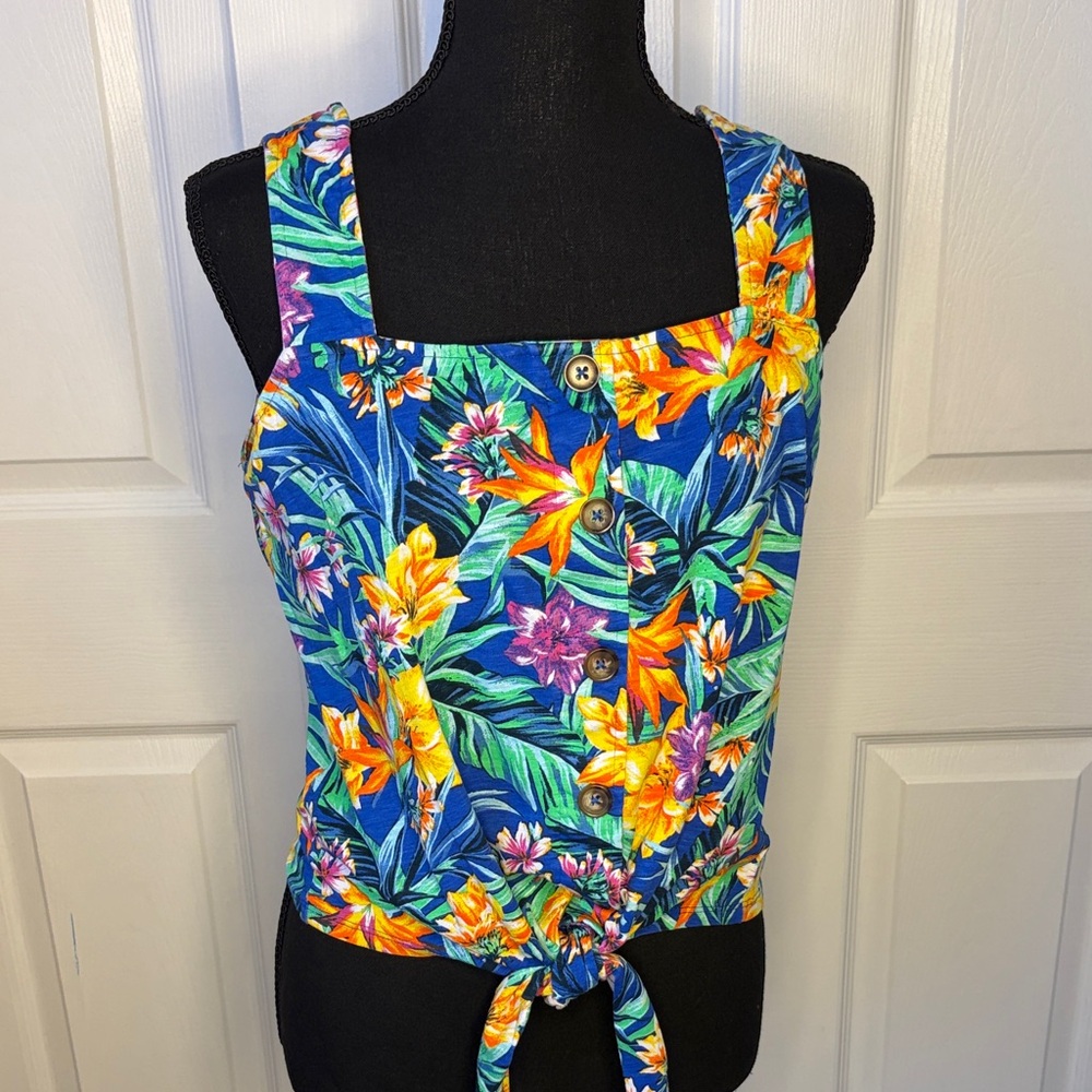 Caribbean Joe Cotton and Tropical Tie-Front Top size Medium